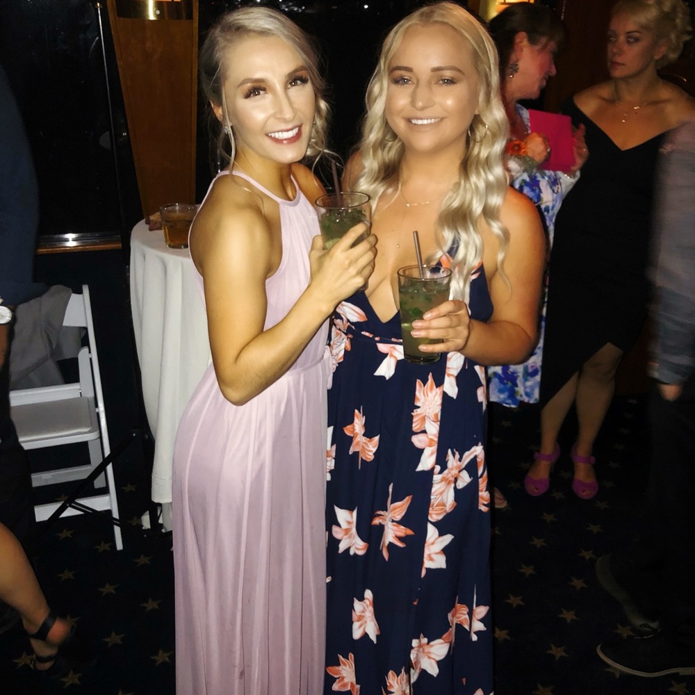 Long dark blue dress with pink/orange flowers, worn once, deep v neck, open back